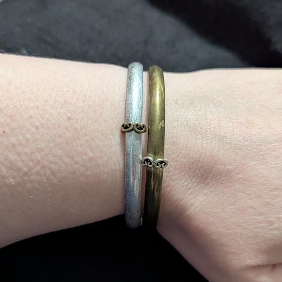 None Jewelry - Silver and Brass Tone Bangle Statement Bracelet - Set Of 2